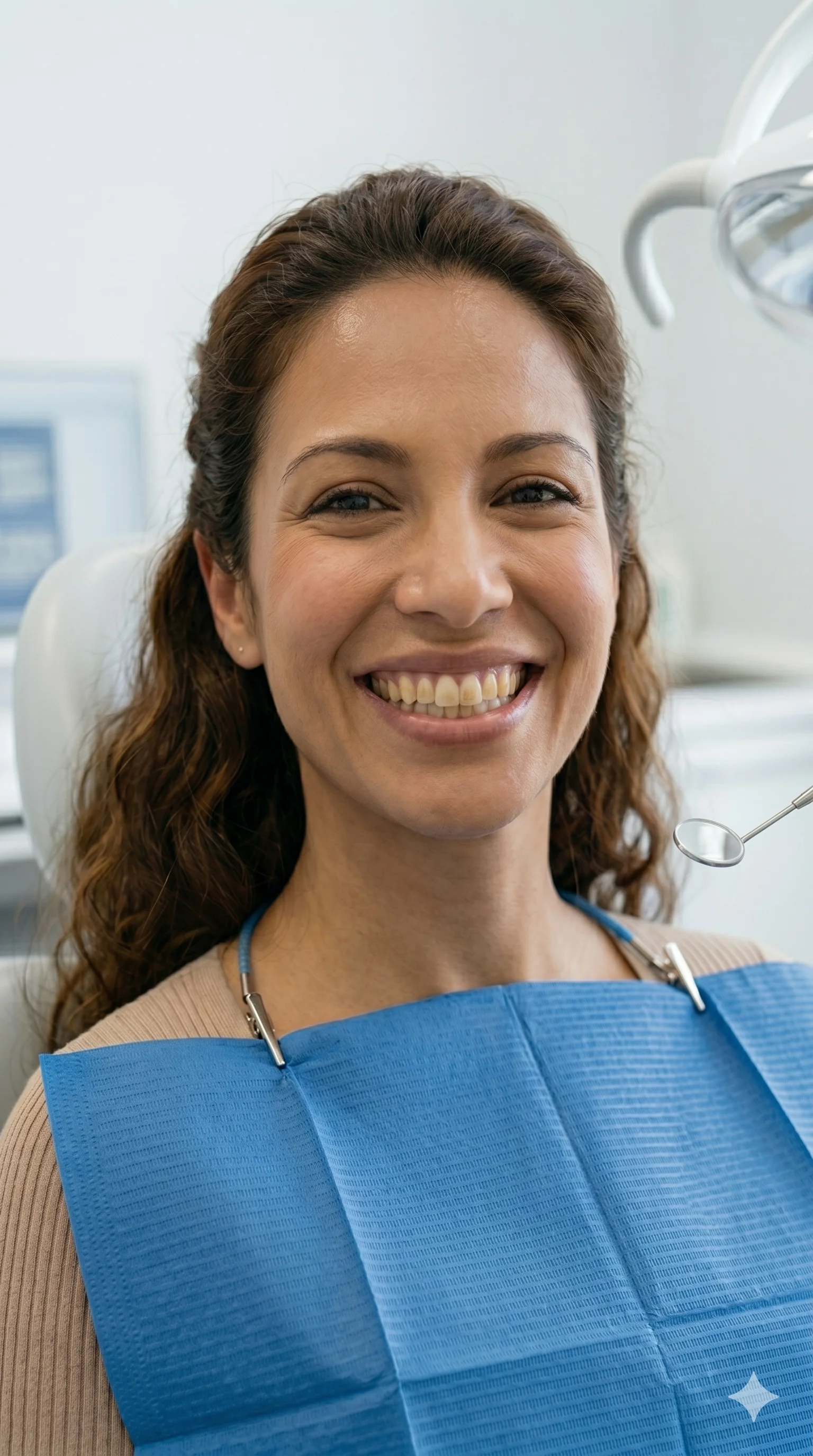 Mujer antes del blanqueamiento dental — sonrisa con tono amarillento